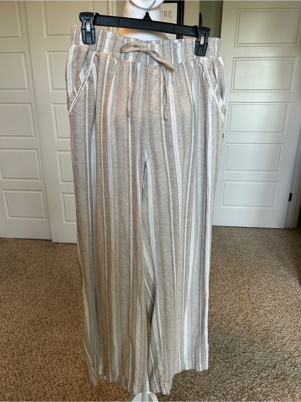 BRIGGS Linen Blend Tan White Striped Wide Legged Pants Fisherman Coastal Large